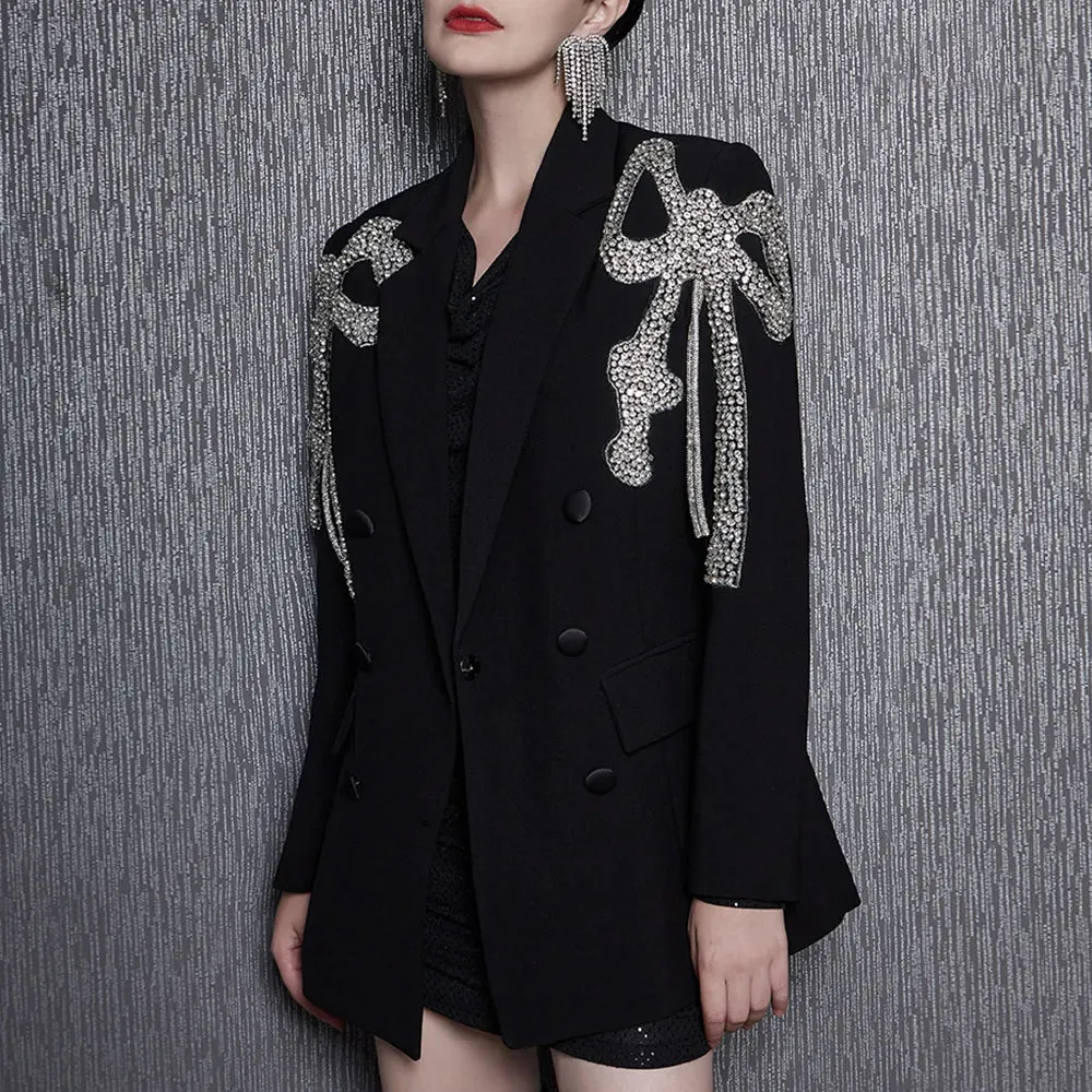 Patchwork Diamond Blazers For Women Notched Collar Long Sleeve Slim Temperament Blazer Female Fashion Clothes