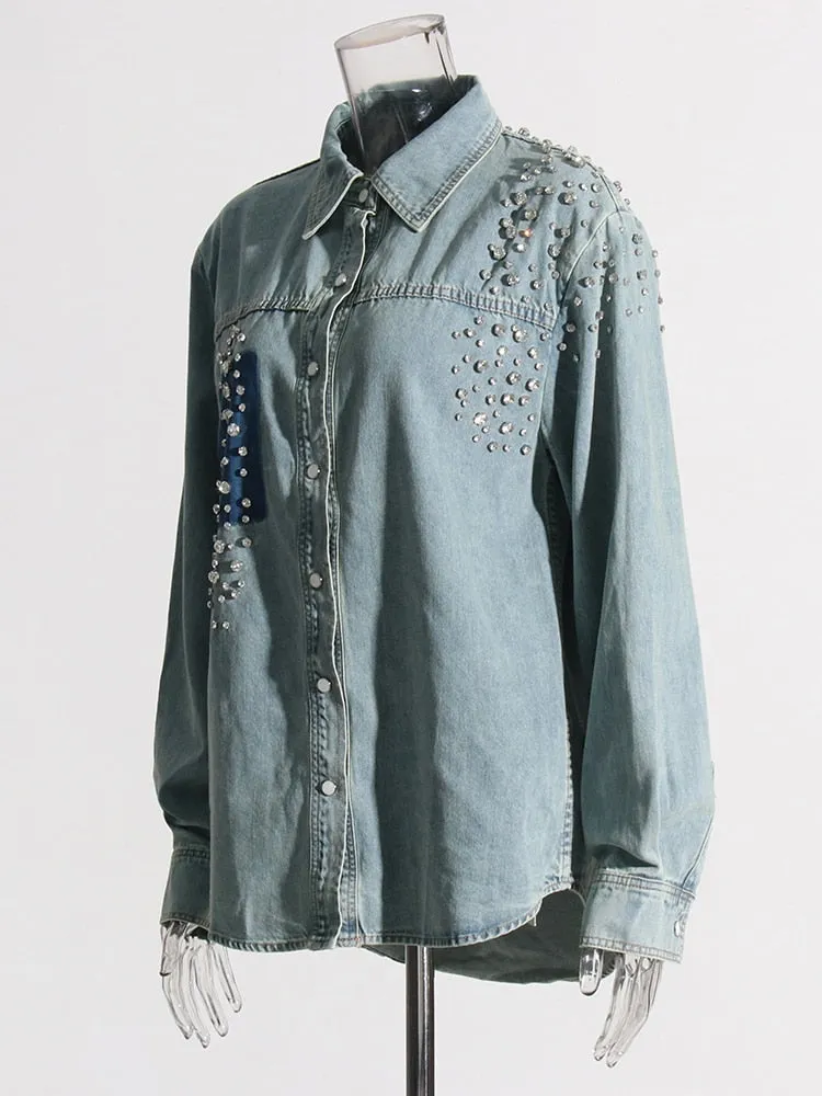 Patchwork Diamonds Temperament Denim Jackets For Women Lapel Long Sleeve Spliced Single Breasted Chic Jacket Female