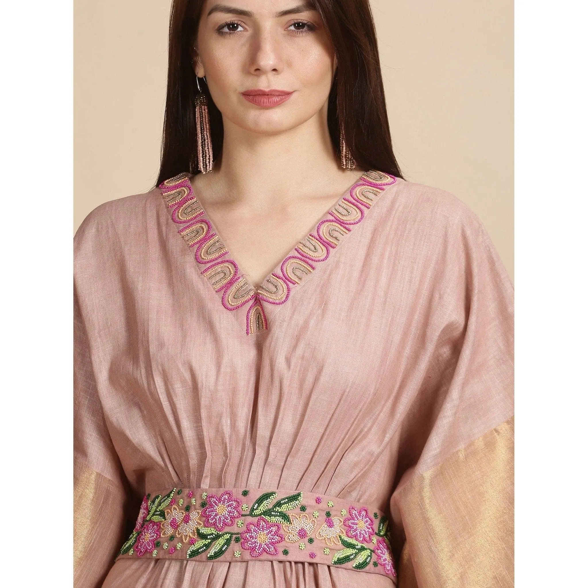 Peach floral Beads cluster Kaftan Dress.