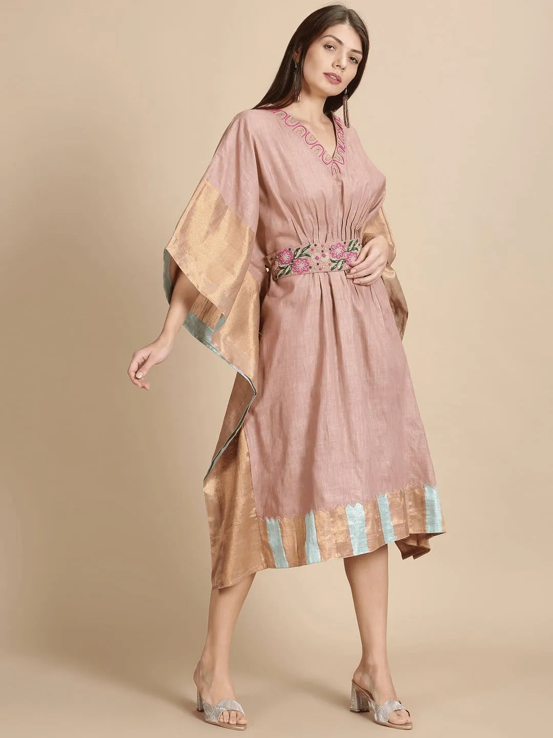 Peach floral Beads cluster Kaftan Dress.