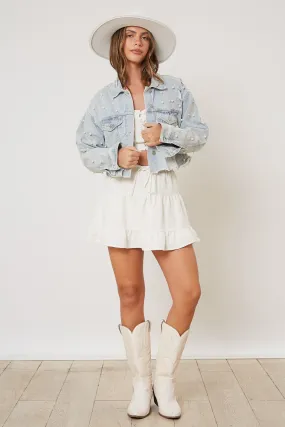 Peach Love CROPPED Denim Jacket with Pearls in Light Wash