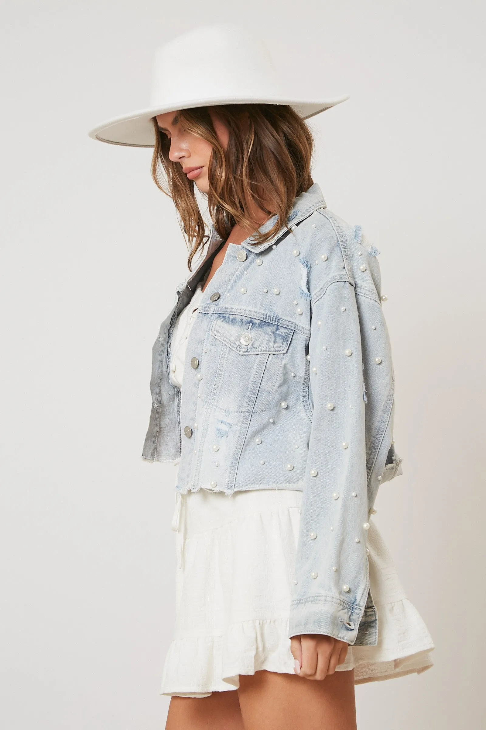 Peach Love CROPPED Denim Jacket with Pearls in Light Wash