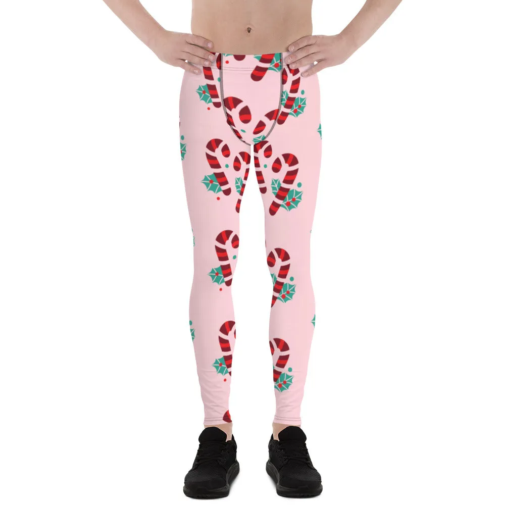 Pink Candy Cane Men's Leggings, Pink and Red Colorful Christmas Candy Cane Style Gym Tights For Men - Made in USA/EU/MX