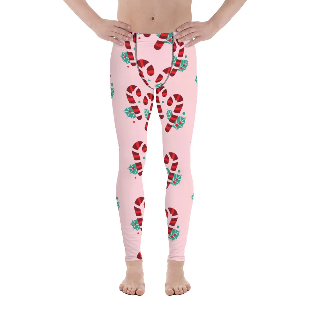 Pink Candy Cane Men's Leggings, Pink and Red Colorful Christmas Candy Cane Style Gym Tights For Men - Made in USA/EU/MX