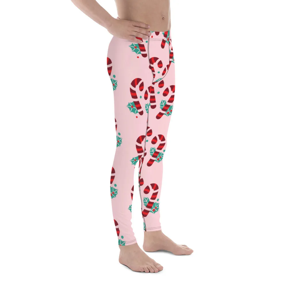 Pink Candy Cane Men's Leggings, Pink and Red Colorful Christmas Candy Cane Style Gym Tights For Men - Made in USA/EU/MX