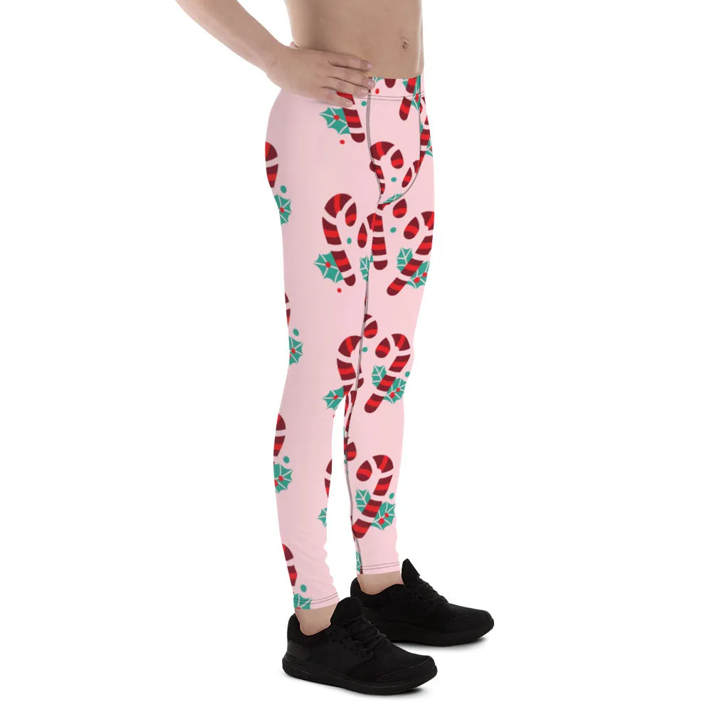 Pink Candy Cane Men's Leggings, Pink and Red Colorful Christmas Candy Cane Style Gym Tights For Men - Made in USA/EU/MX