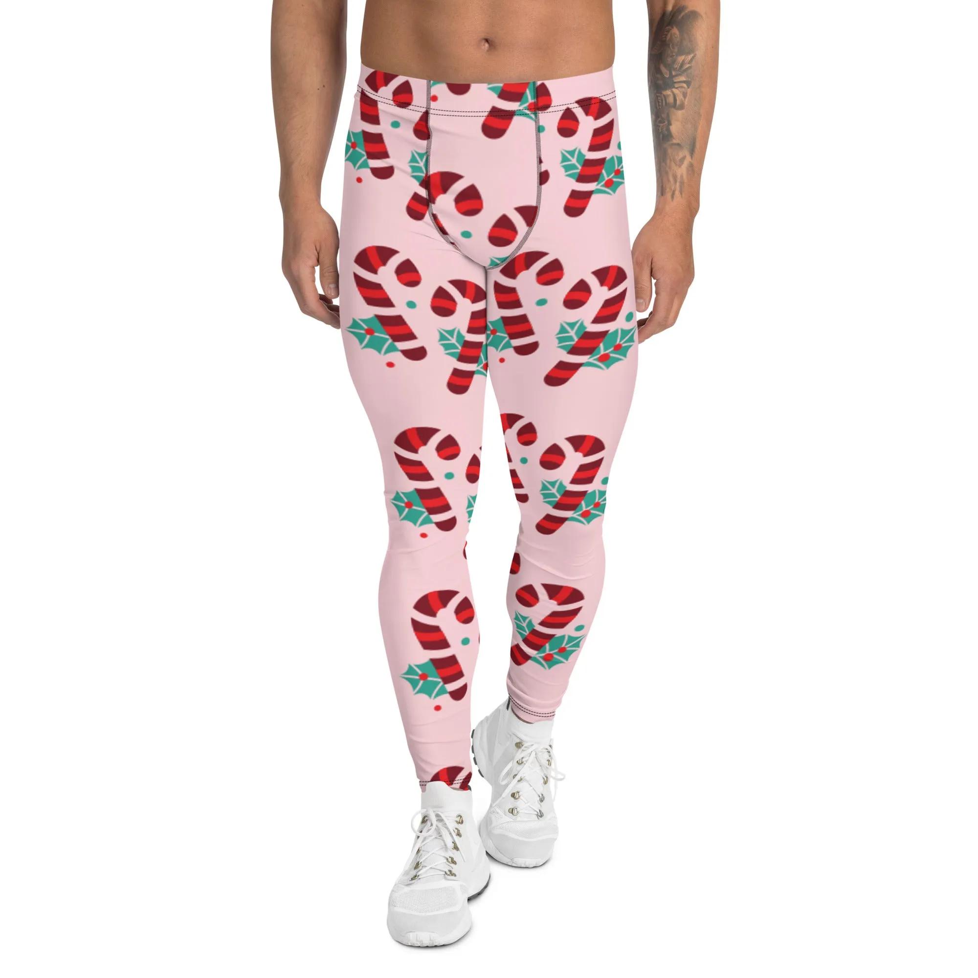 Pink Candy Cane Men's Leggings, Pink and Red Colorful Christmas Candy Cane Style Gym Tights For Men - Made in USA/EU/MX