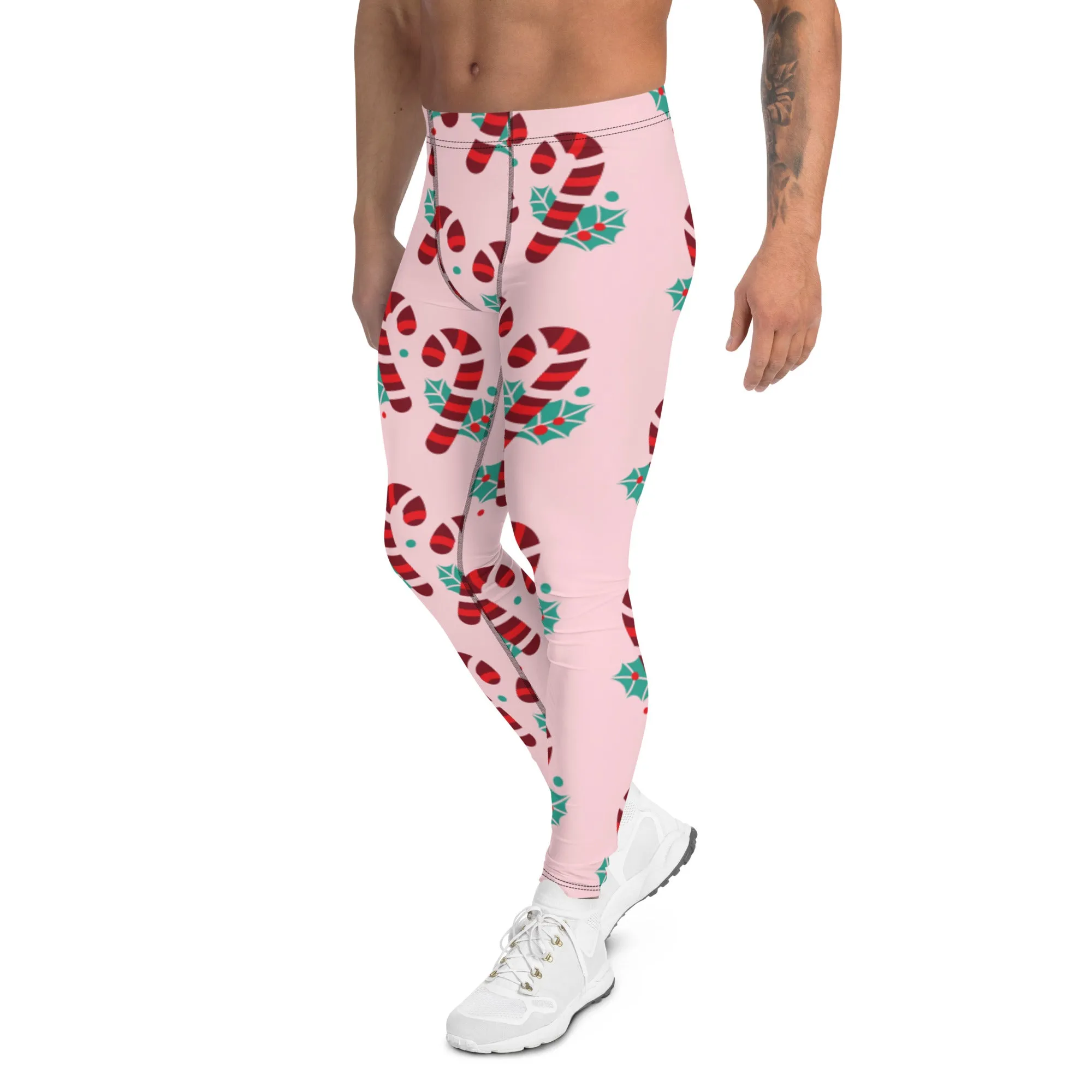 Pink Candy Cane Men's Leggings, Pink and Red Colorful Christmas Candy Cane Style Gym Tights For Men - Made in USA/EU/MX