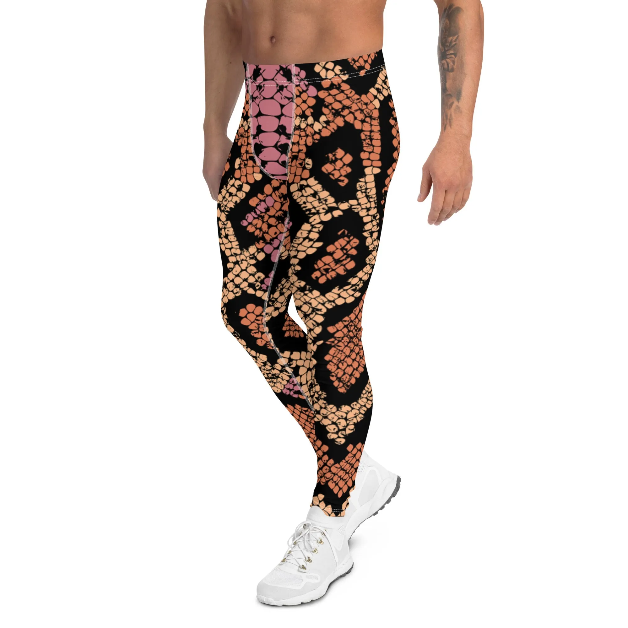 Pink Orange Snake Men's Leggings, Best Snake Print Men's Leggings Designer Running Tights- Made in USA/EU/MX