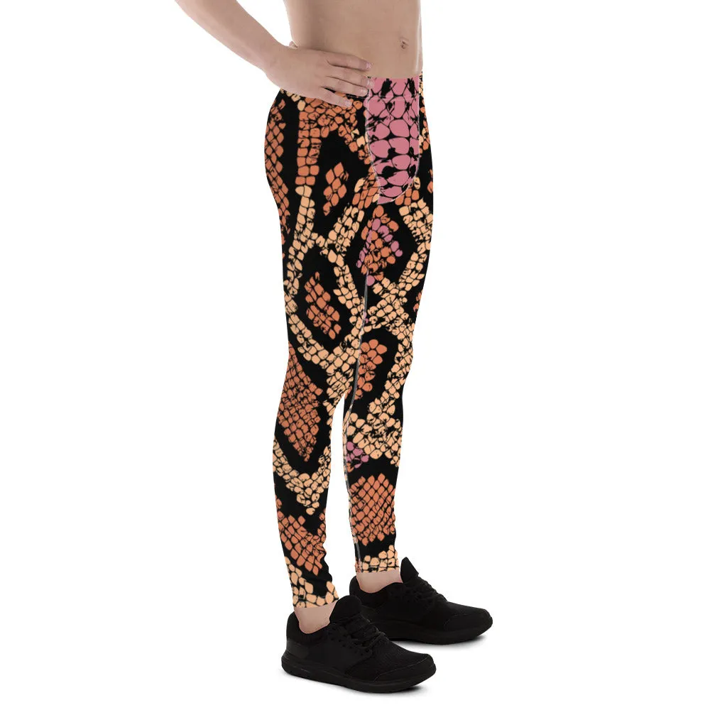 Pink Orange Snake Men's Leggings, Best Snake Print Men's Leggings Designer Running Tights- Made in USA/EU/MX