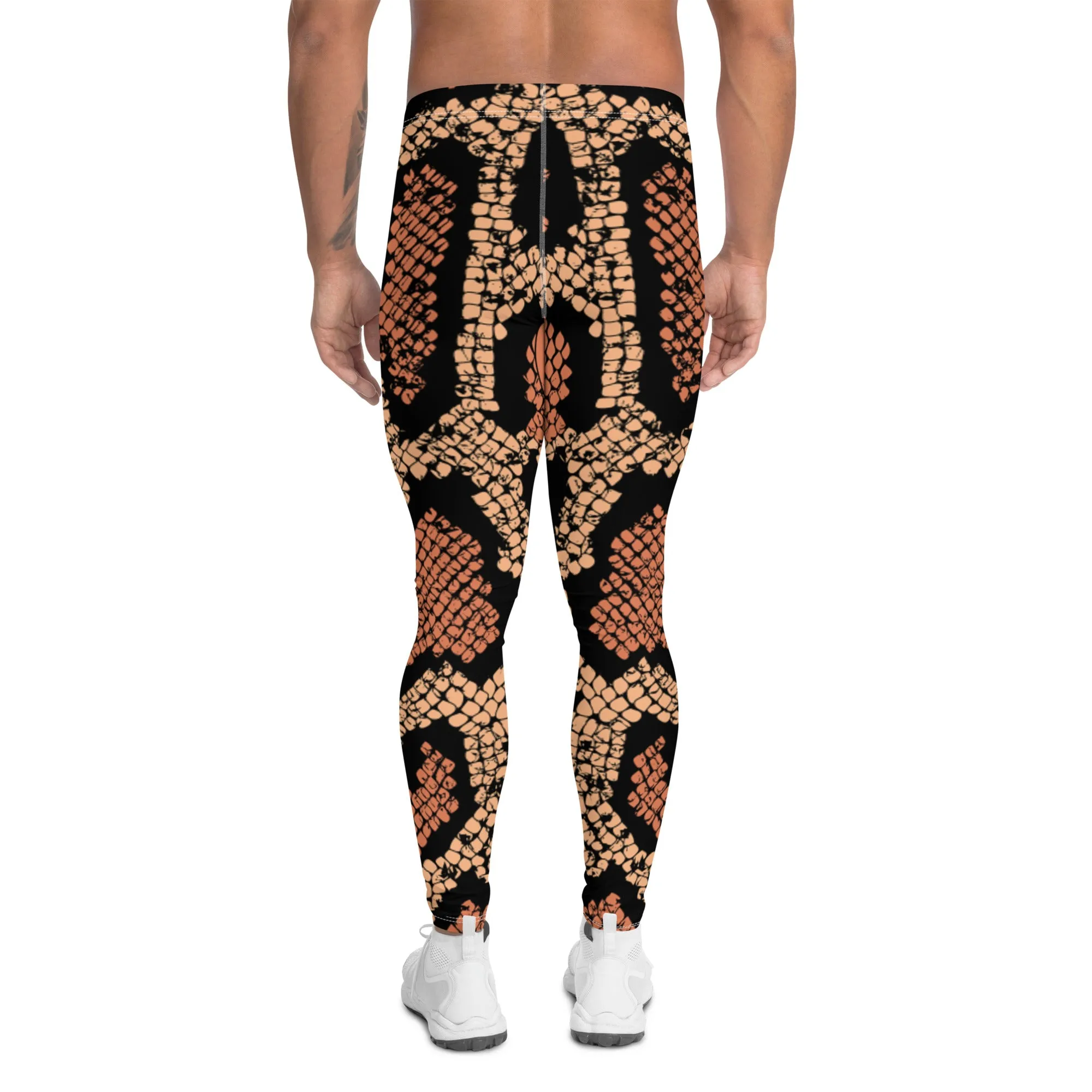 Pink Orange Snake Men's Leggings, Best Snake Print Men's Leggings Designer Running Tights- Made in USA/EU/MX