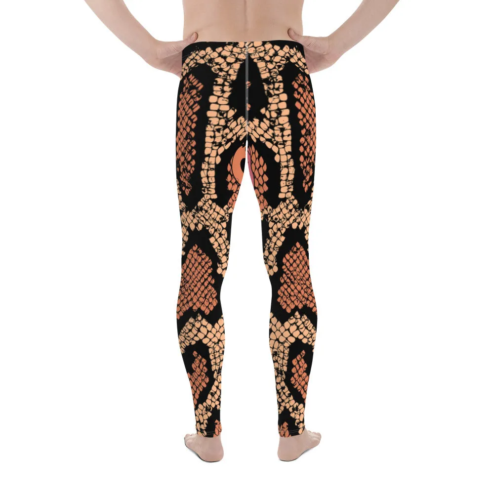 Pink Orange Snake Men's Leggings, Best Snake Print Men's Leggings Designer Running Tights- Made in USA/EU/MX