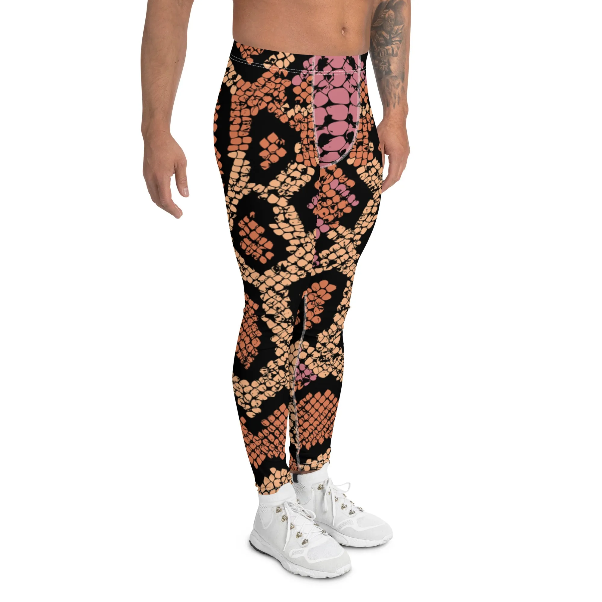 Pink Orange Snake Men's Leggings, Best Snake Print Men's Leggings Designer Running Tights- Made in USA/EU/MX