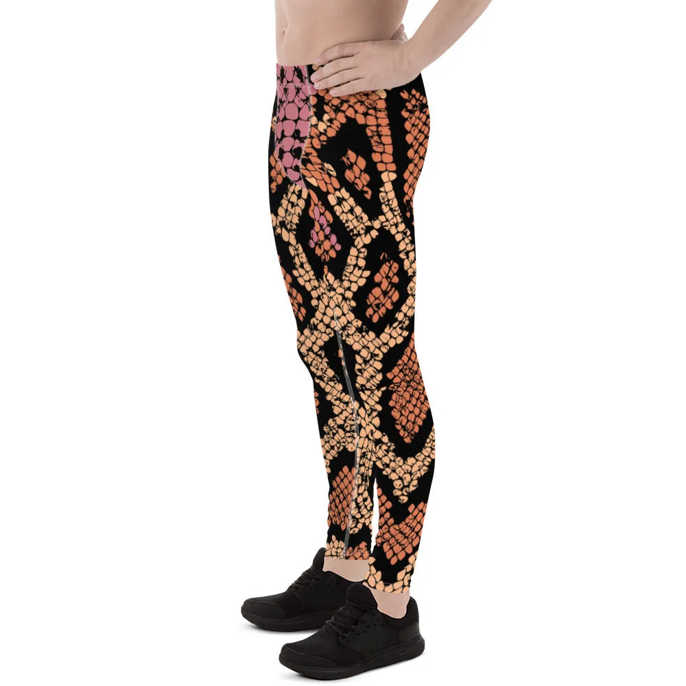 Pink Orange Snake Men's Leggings, Best Snake Print Men's Leggings Designer Running Tights- Made in USA/EU/MX