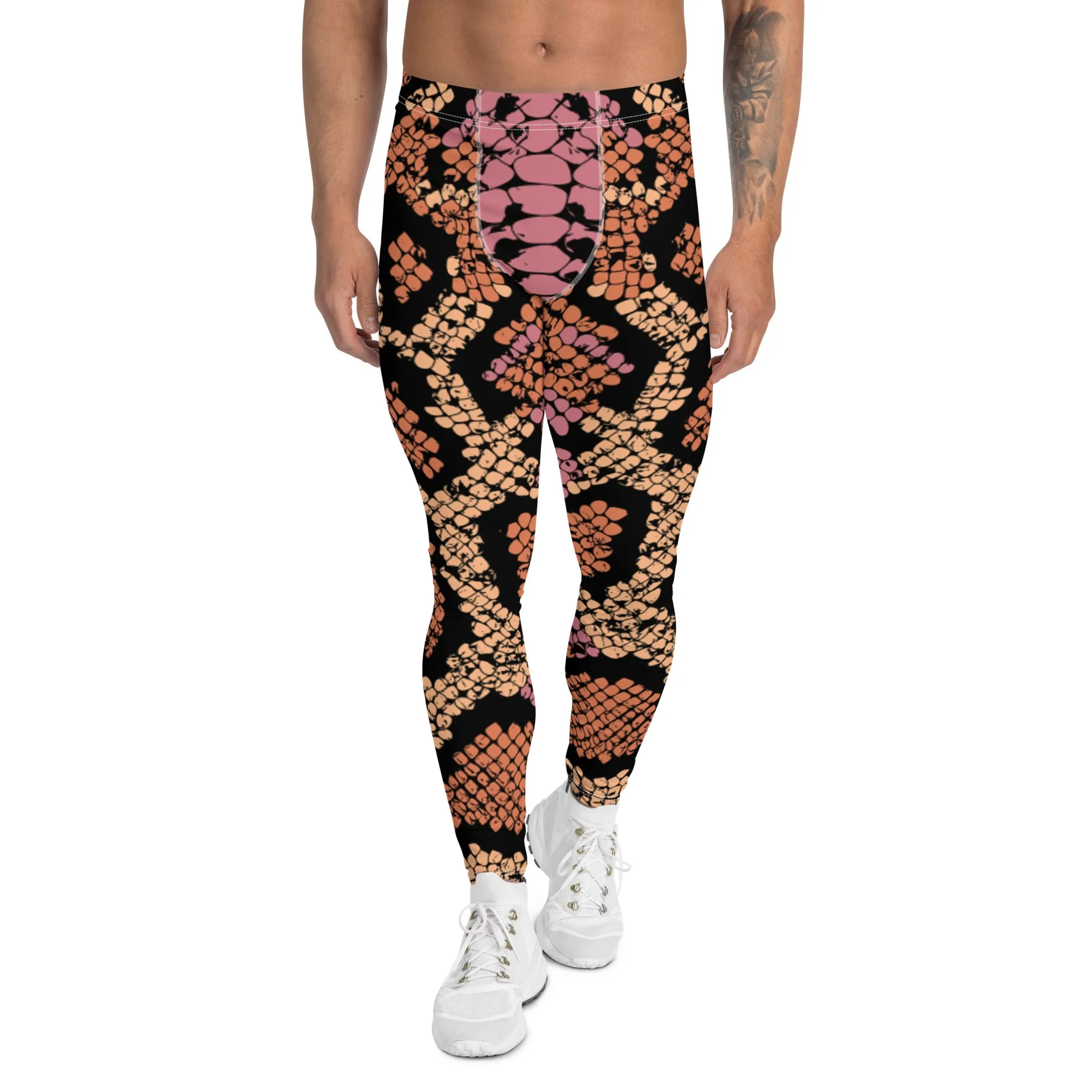 Pink Orange Snake Men's Leggings, Best Snake Print Men's Leggings Designer Running Tights- Made in USA/EU/MX