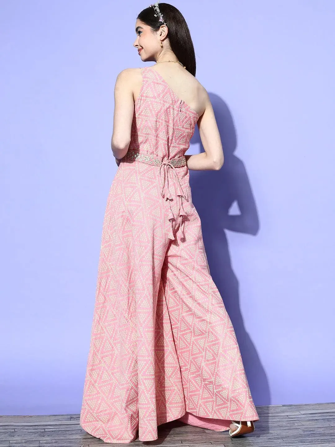 Pink Self Design Silk Jumpsuit