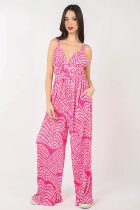 Pink Sleeveless Tropical Vacation Jumpsuit