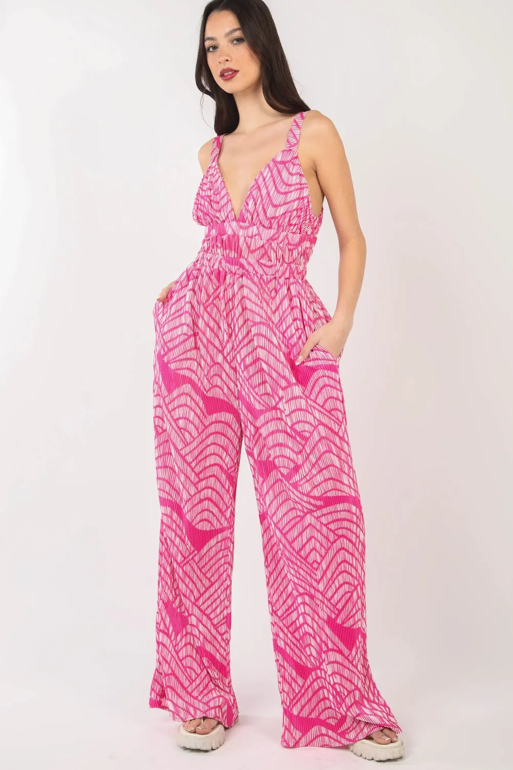 Pink Sleeveless Tropical Vacation Jumpsuit