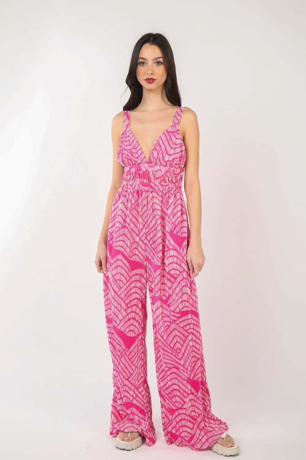 Pink Sleeveless Tropical Vacation Jumpsuit