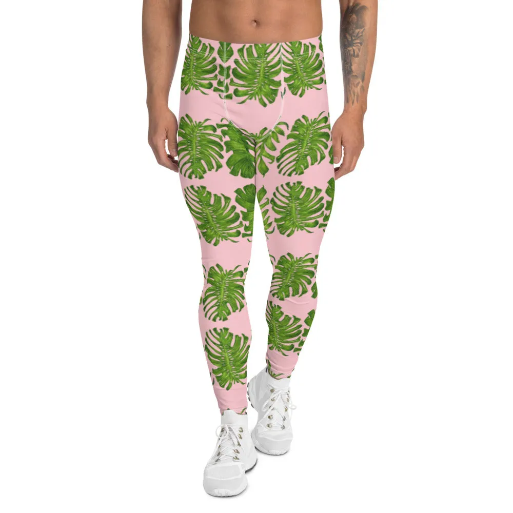 Pink Tropical Leaf Men's Leggings, Hawaiian Style Leaves Print Tights For Men-Made in USA/EU