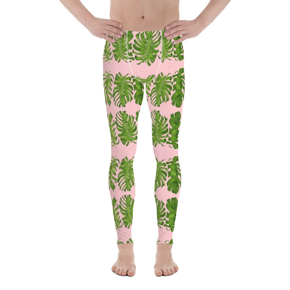 Pink Tropical Leaf Men's Leggings, Hawaiian Style Leaves Print Tights For Men-Made in USA/EU