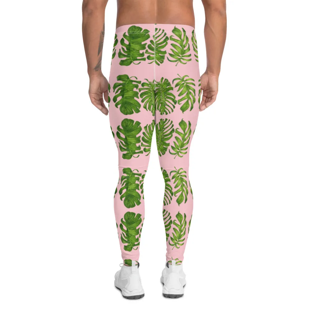 Pink Tropical Leaf Men's Leggings, Hawaiian Style Leaves Print Tights For Men-Made in USA/EU