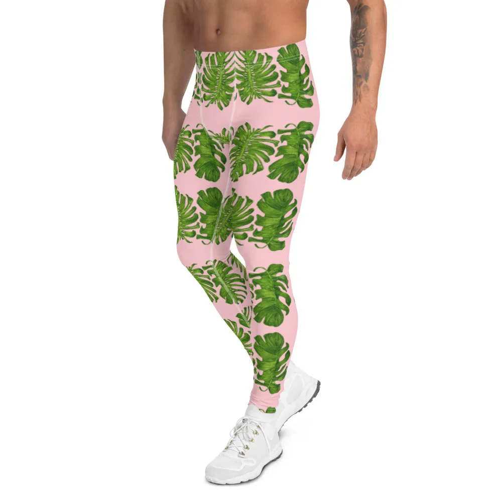 Pink Tropical Leaf Men's Leggings, Hawaiian Style Leaves Print Tights For Men-Made in USA/EU