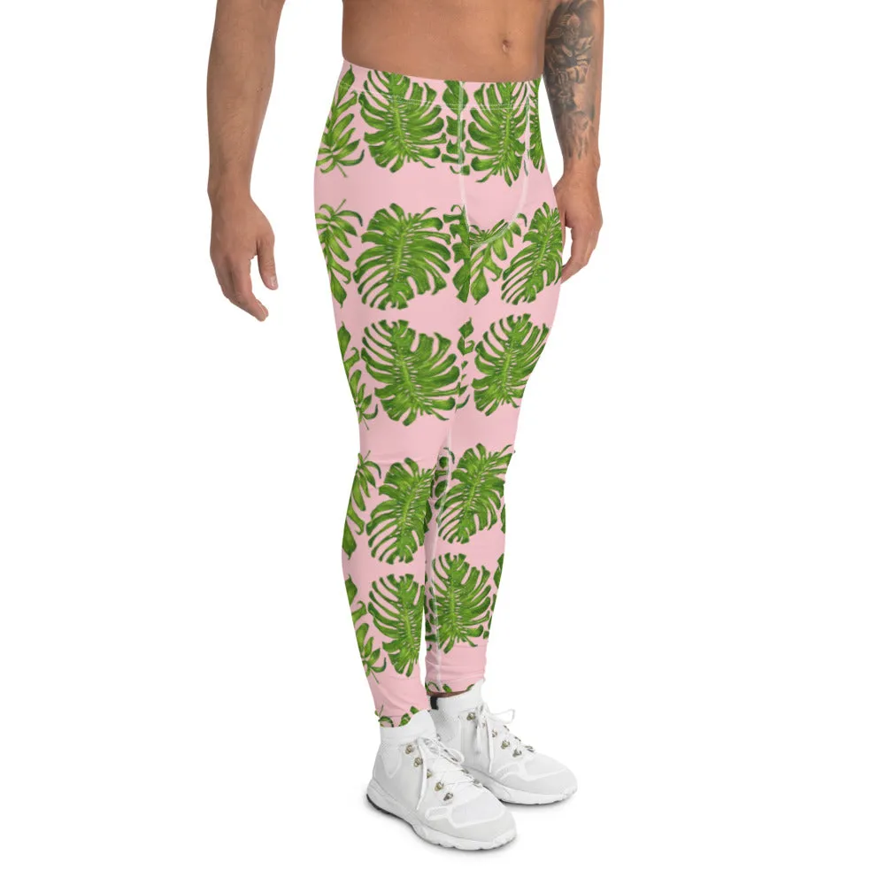 Pink Tropical Leaf Men's Leggings, Hawaiian Style Leaves Print Tights For Men-Made in USA/EU