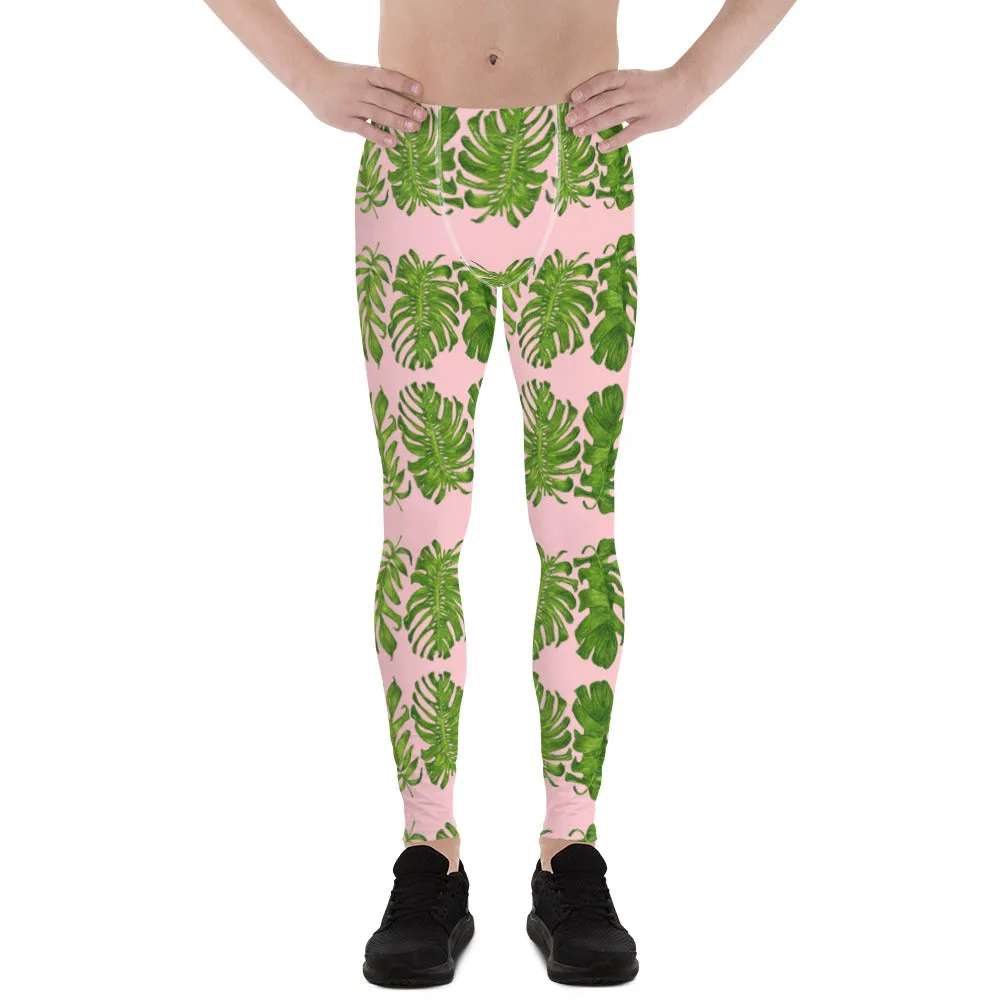 Pink Tropical Leaf Men's Leggings, Hawaiian Style Leaves Print Tights For Men-Made in USA/EU