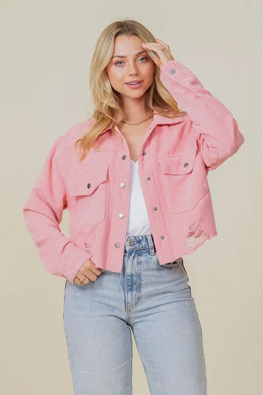 Pink Zoey Distressed Corduroy Distressed Jacket