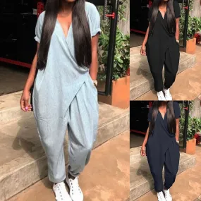 Plus Size Women Baggy Jumpsuits 2020 Summer Loose Overalls Fashion Pants V Neck Wrap Waist Playsuits Female Short Sleeve Rompers