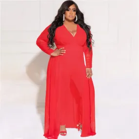 Popular Plus Size Woman Sexy V-neck Stitching Long Sleeve Jumpsuit Set