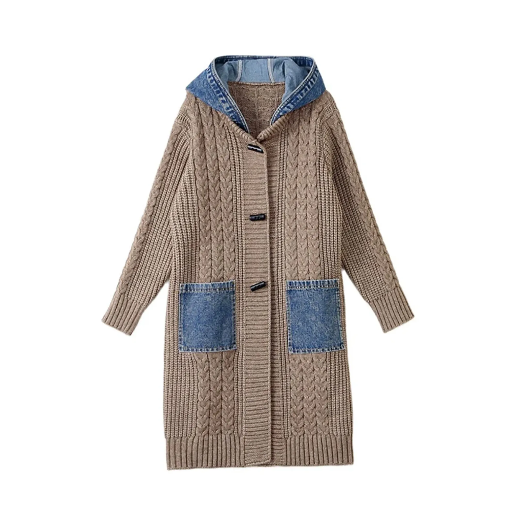 Pre Order:  Denim Hood Pockets Knitted Coat