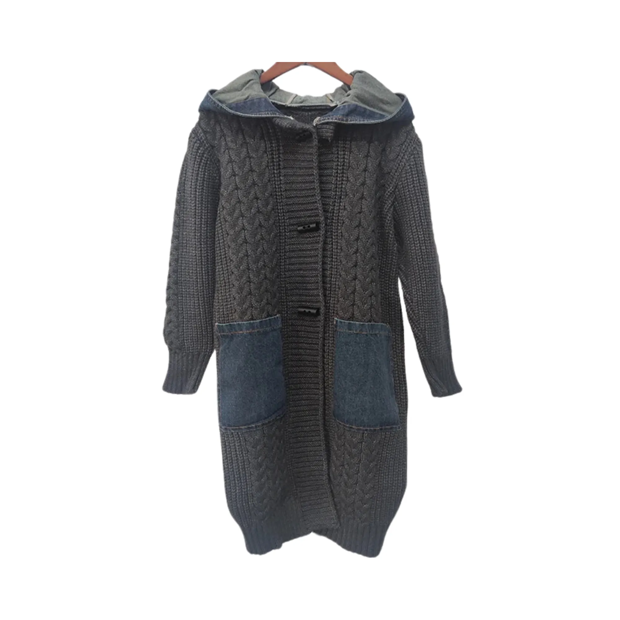 Pre Order:  Denim Hood Pockets Knitted Coat