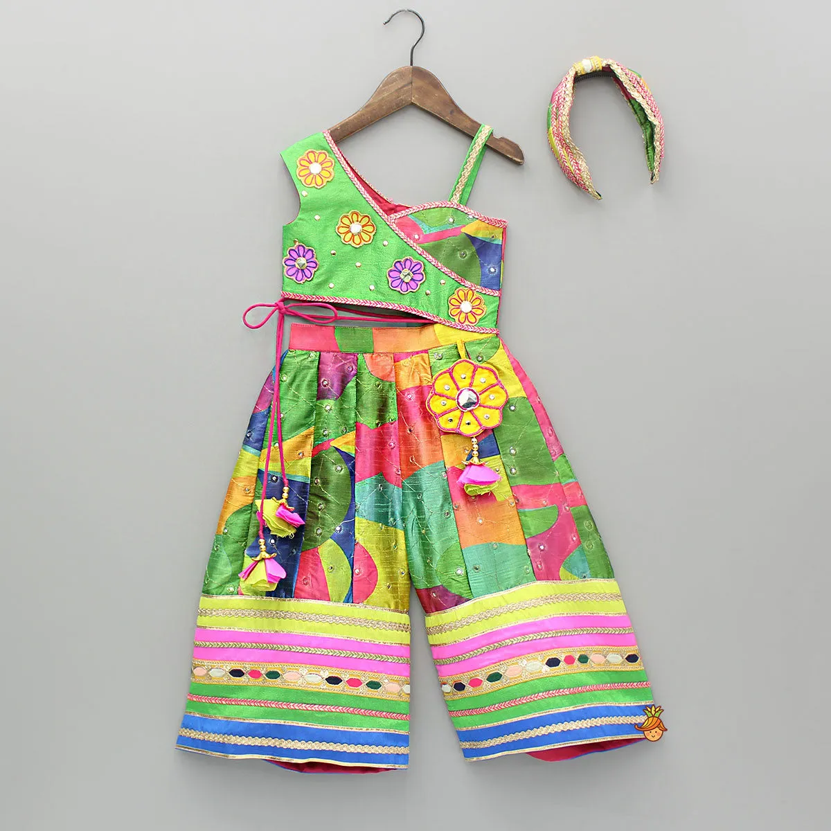 Pre Order: One Shoulder Printed Embroidered Multicoloured Jumpsuit With Hairband