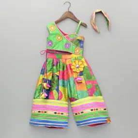 Pre Order: One Shoulder Printed Embroidered Multicoloured Jumpsuit With Hairband