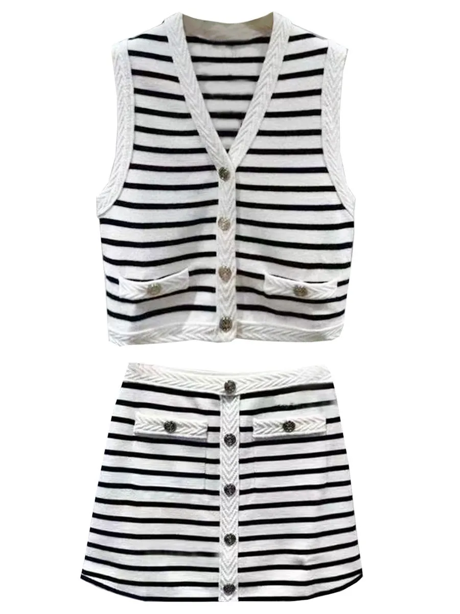 Pre Order:  Striped V-Neck Knit Vest   A-Line Knit Skirt