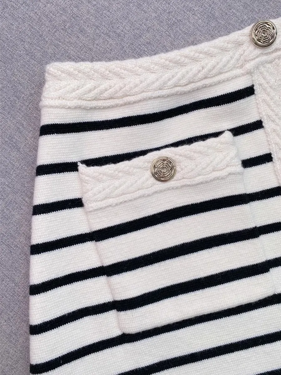 Pre Order:  Striped V-Neck Knit Vest   A-Line Knit Skirt