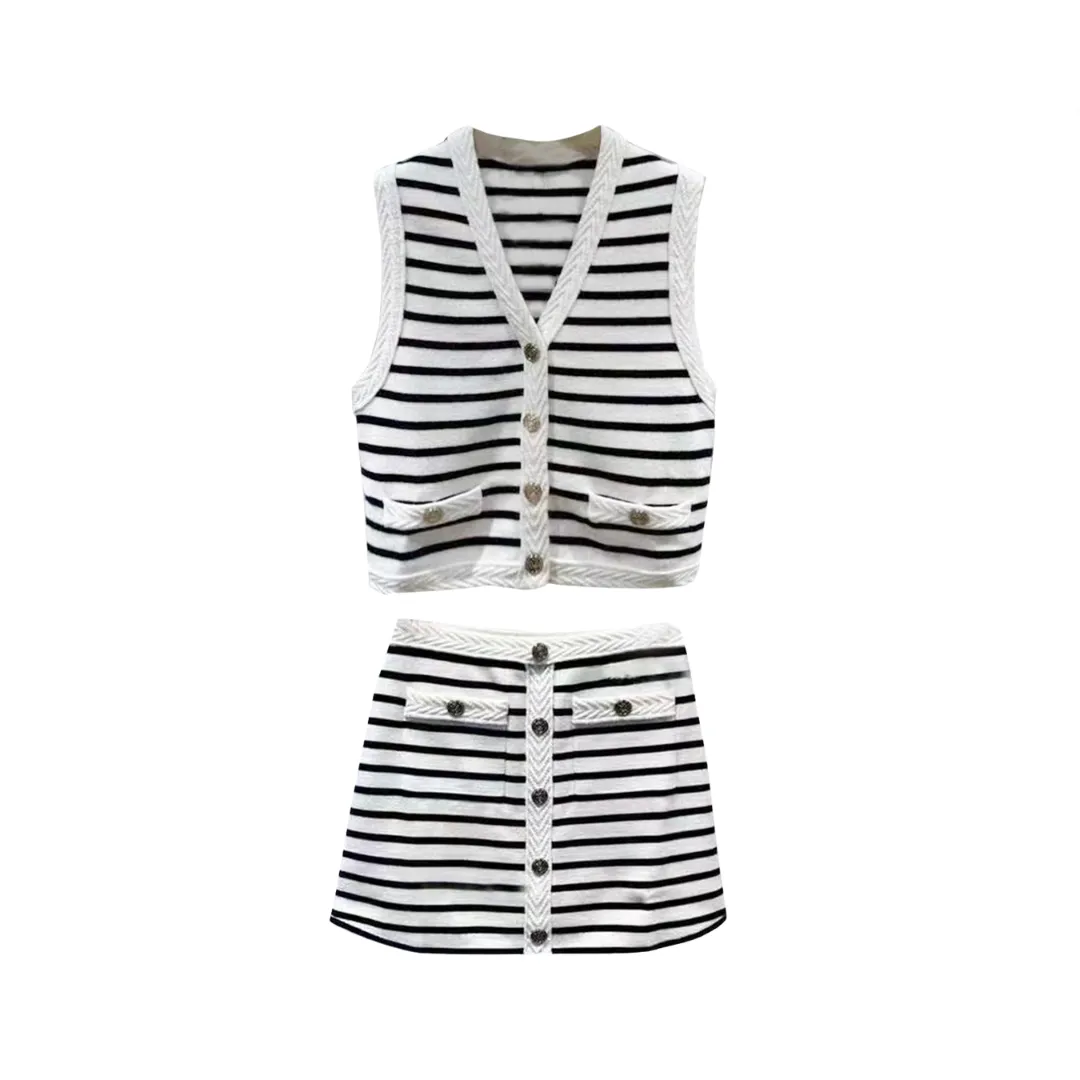 Pre Order:  Striped V-Neck Knit Vest   A-Line Knit Skirt