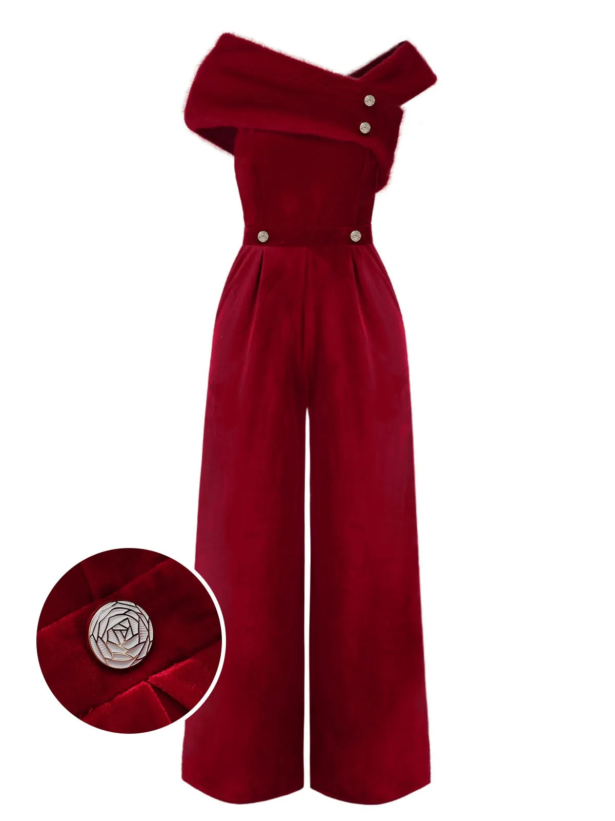 [Pre-Sale] Red 1950s Velvet Off Shoulder Button Jumpsuit