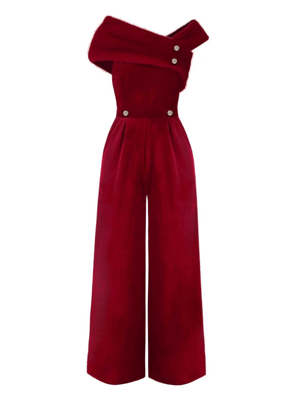 [Pre-Sale] Red 1950s Velvet Off Shoulder Button Jumpsuit