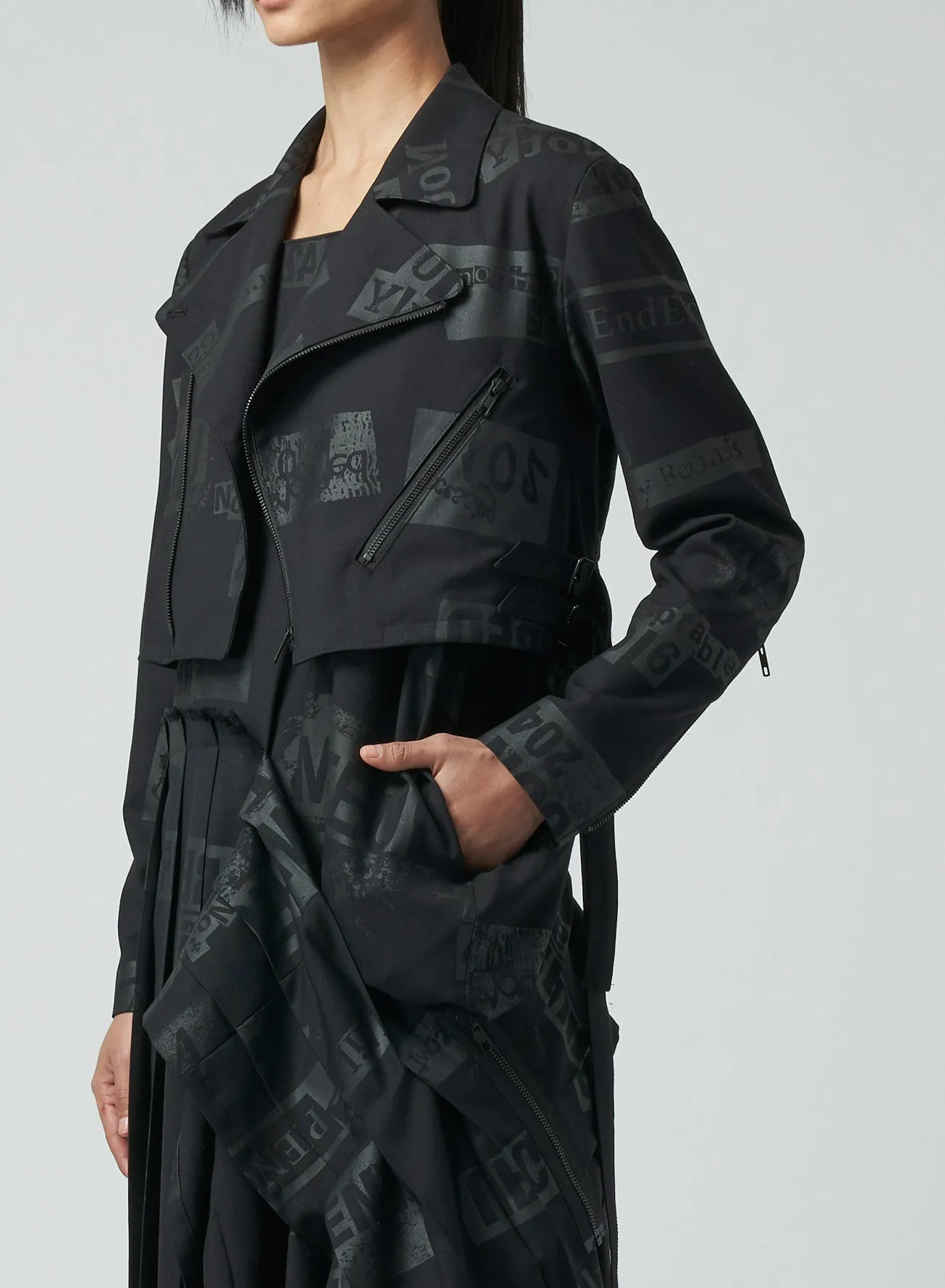 PRINTED SERGE CROPPED BIKER JACKET