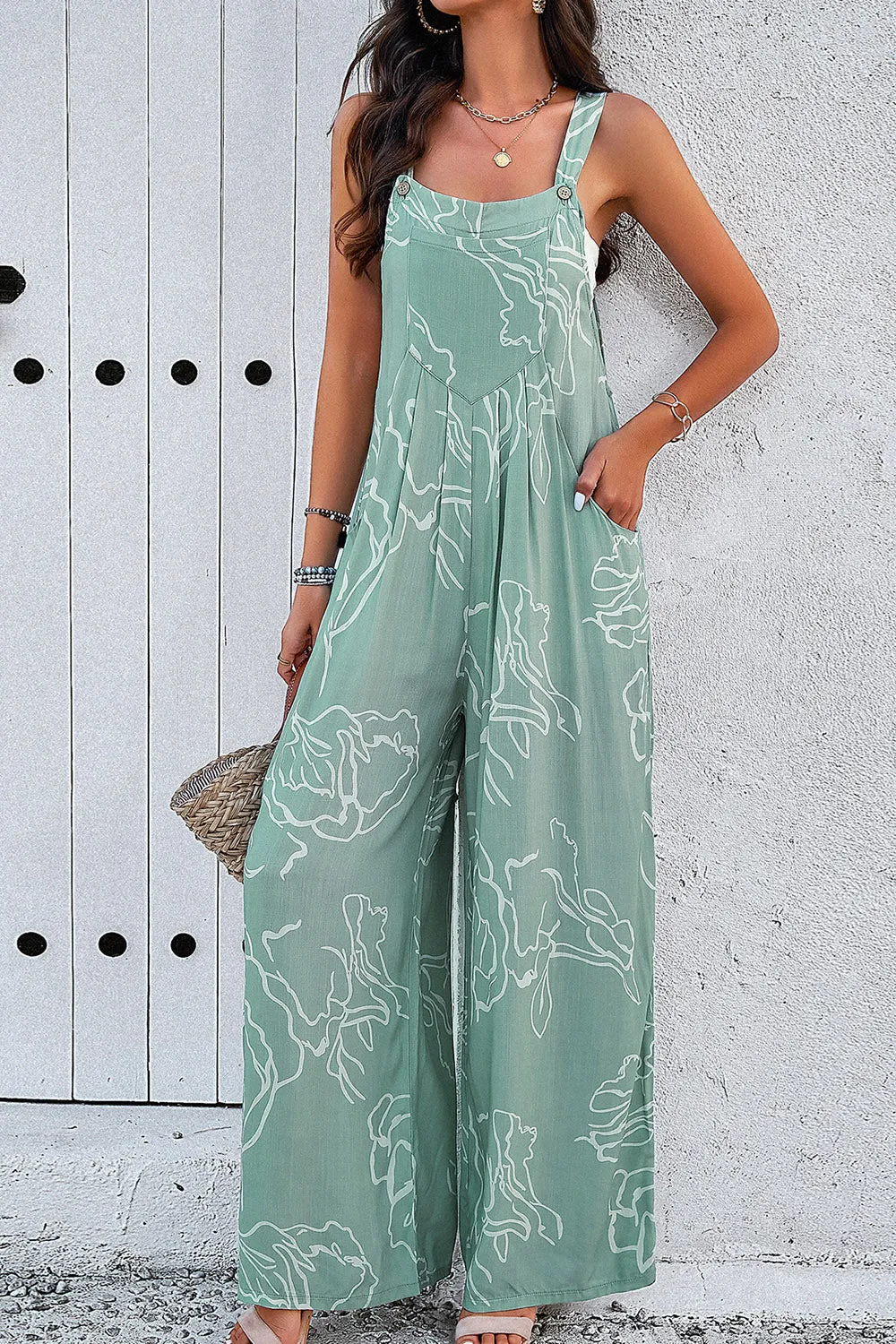 Printed Wide Strap Jumpsuit with Pockets