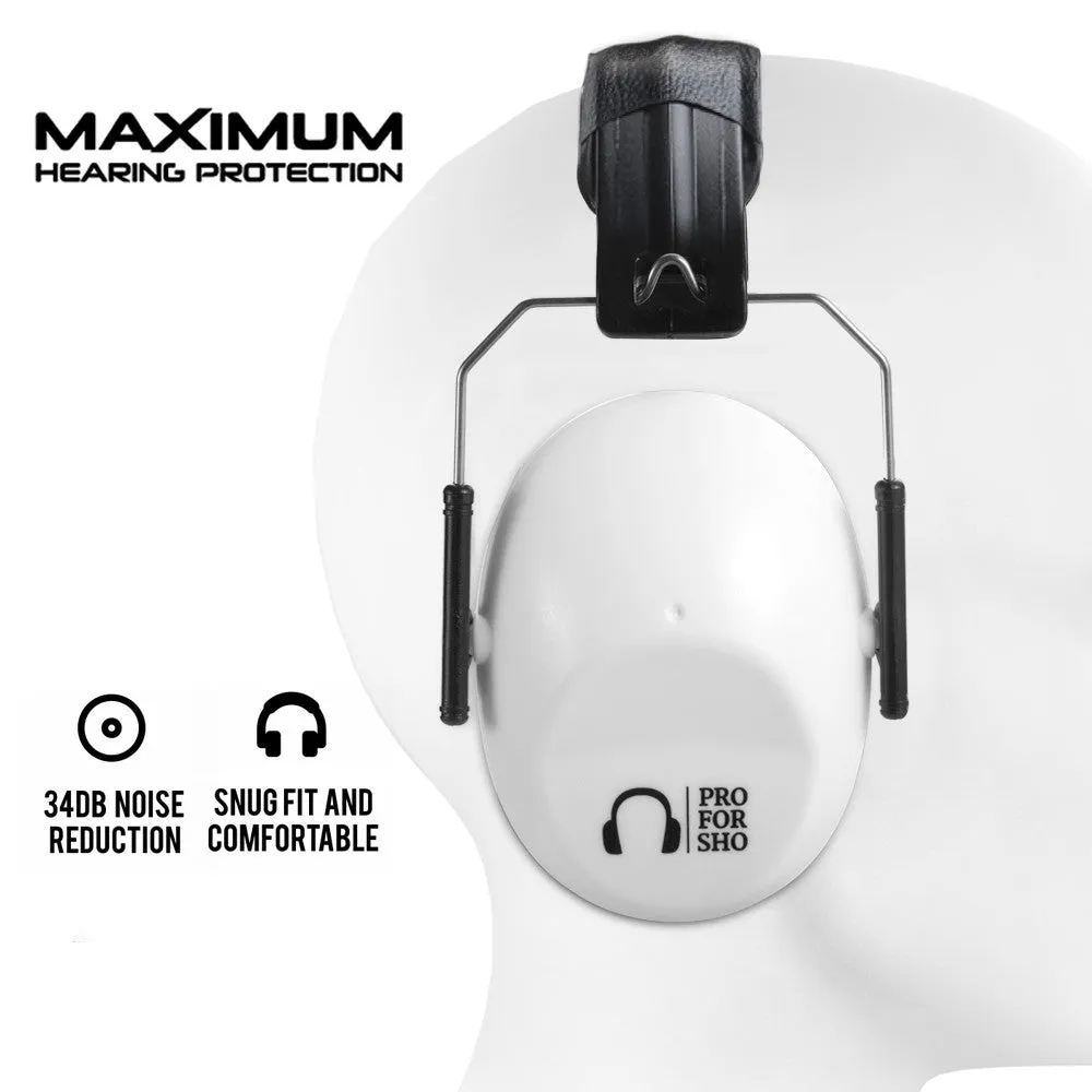 Pro For Sho 34dB NRR Noise Reduction Earmuffs - Lightweight Design - Standard Size White