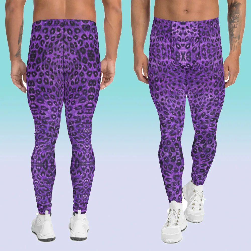 Purple Leopard Men's Leggings, Animal Print Meggings Compression Tights-Made in USA/EU