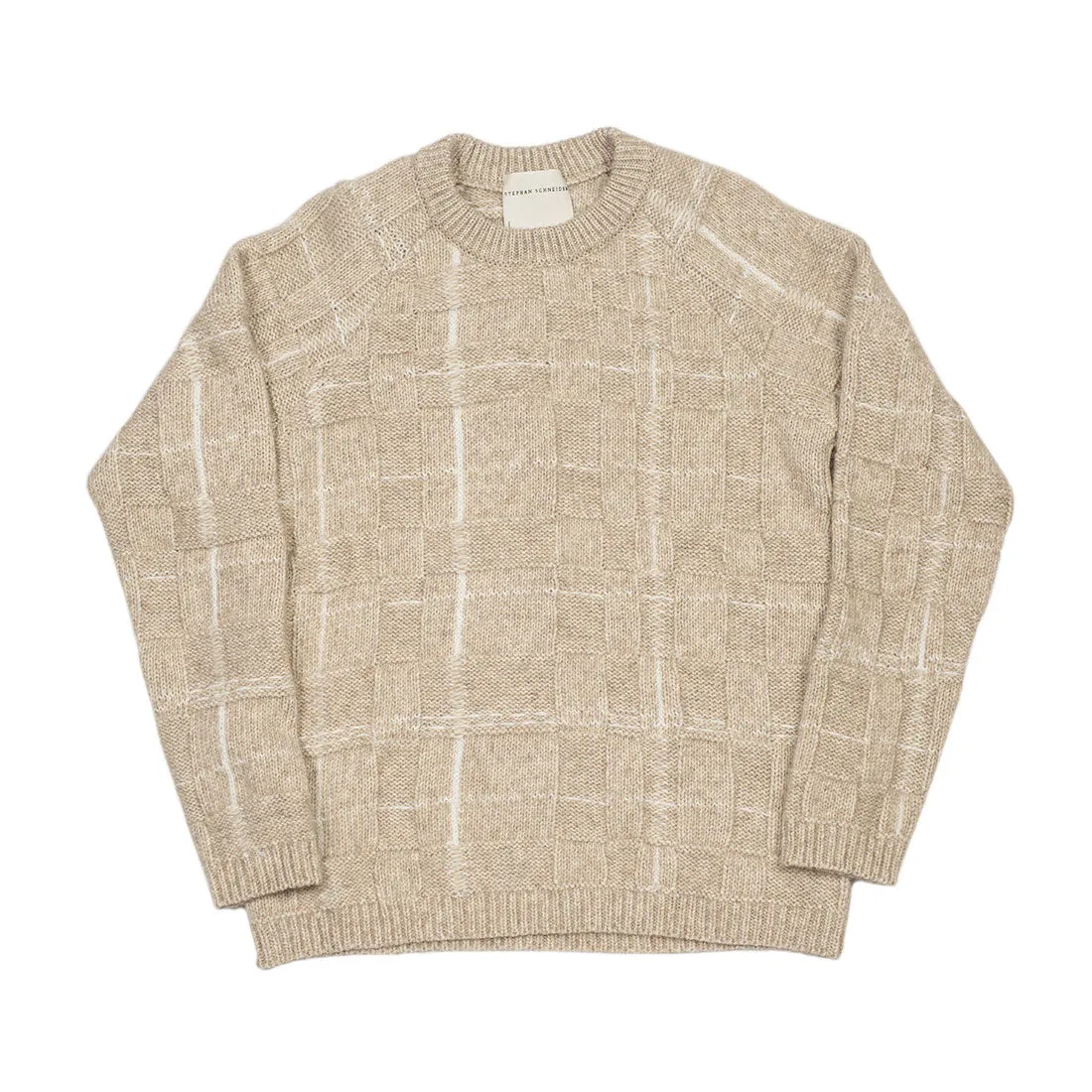 "Anchor" raglan sleeve sweater in "sand" heavyweight check cotton, alpaca, and wool