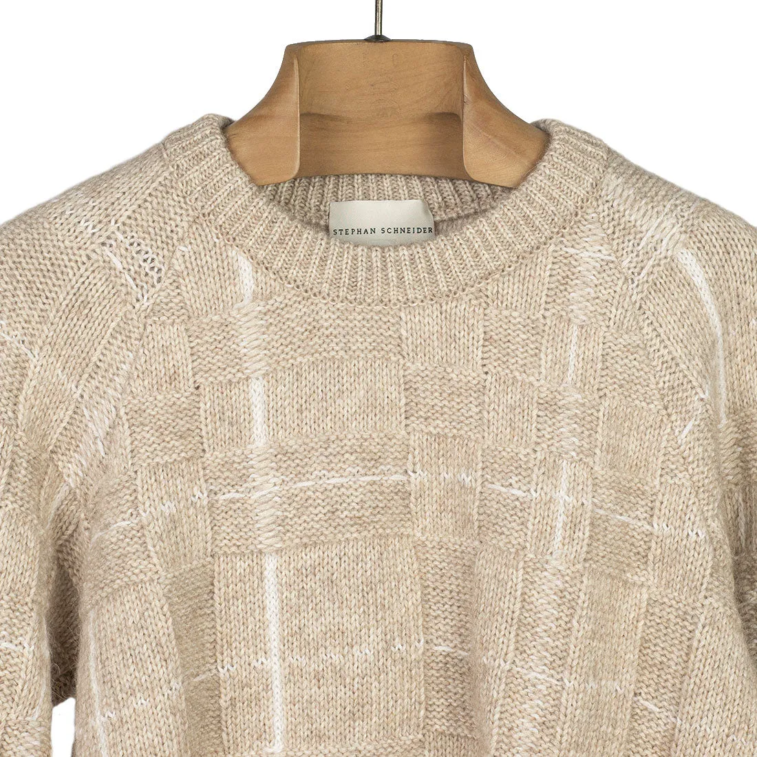 "Anchor" raglan sleeve sweater in "sand" heavyweight check cotton, alpaca, and wool