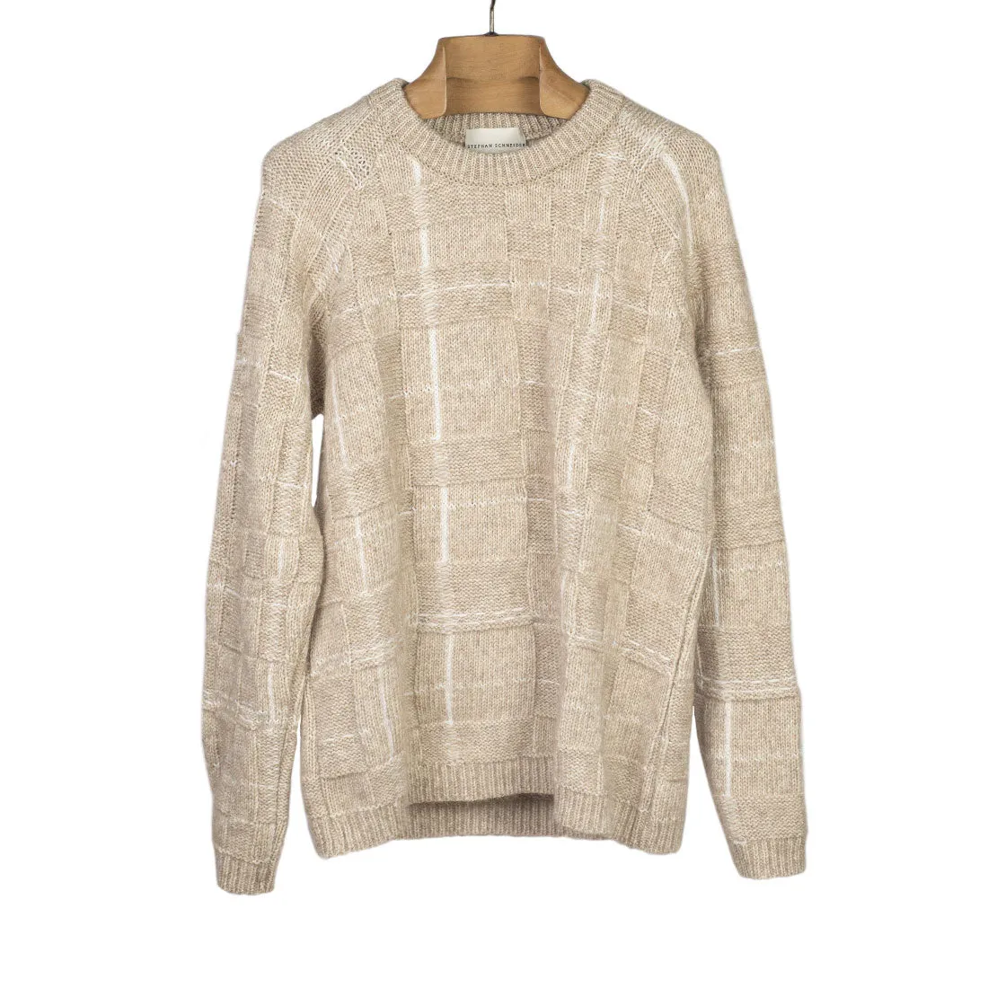 "Anchor" raglan sleeve sweater in "sand" heavyweight check cotton, alpaca, and wool