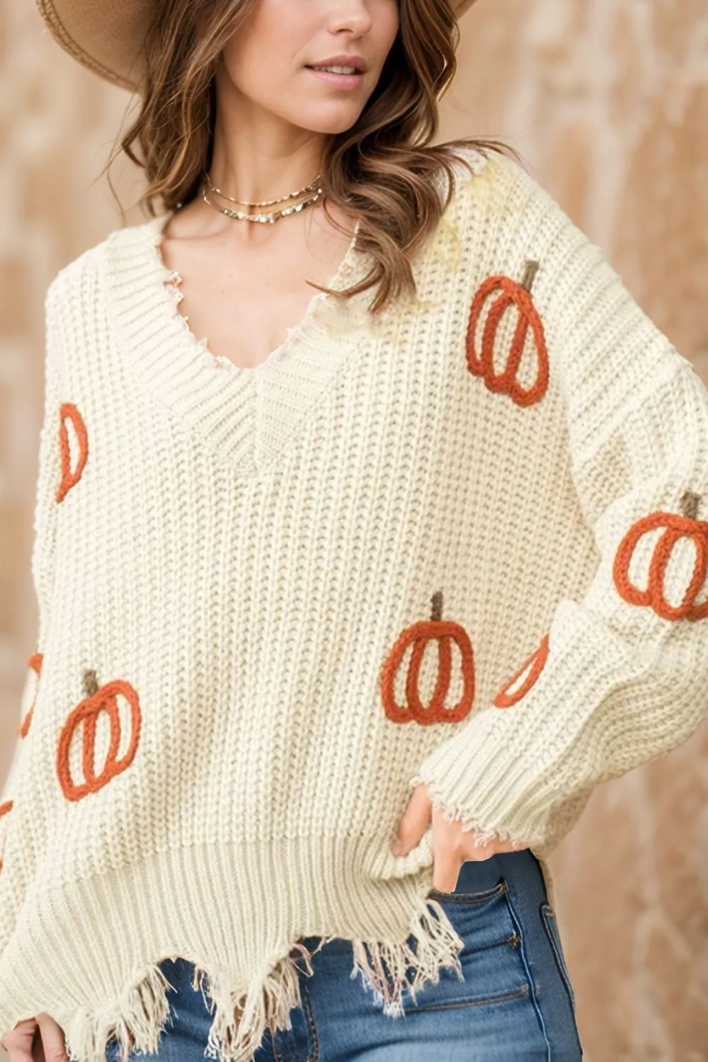 Raw Hem Pumpkin V-Neck Long Sleeve Sweater | Fall Sweater | Halloween Sweater