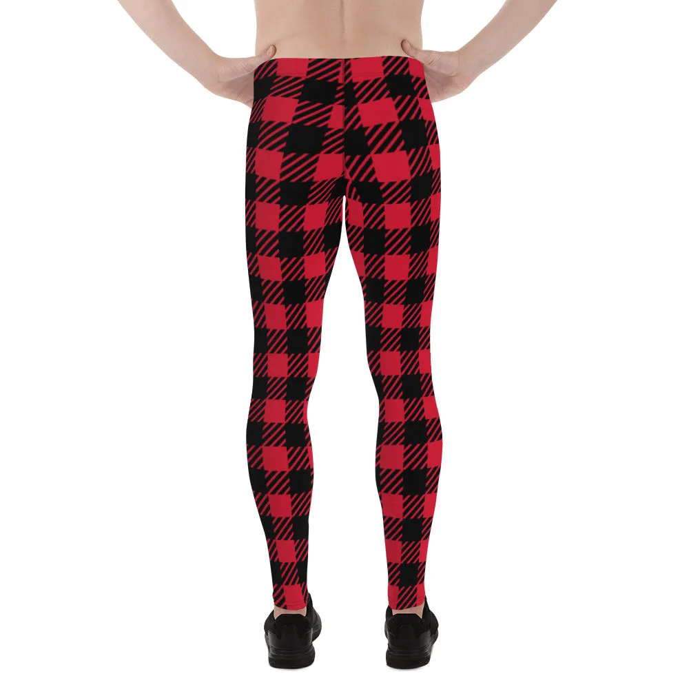 Red Black Plaid Men's Leggings, Plaid Printed Classic Traditional Meggings For Men - Made in USA/EU